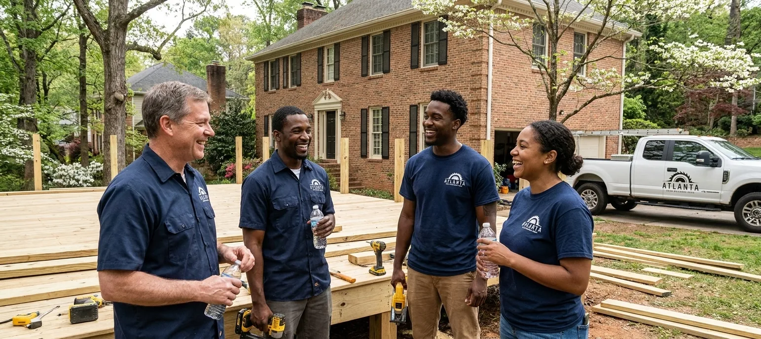 Deck Builders Atlanta crew wearing branded logo work shirts on an Atlanta GA job site