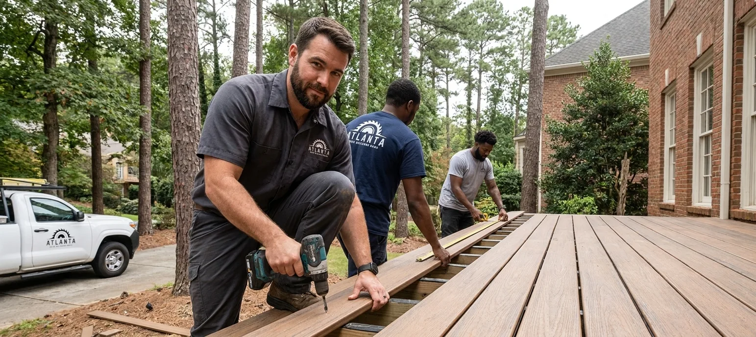 Deck Builders Atlanta crew member in a branded shirt installing composite decking boards