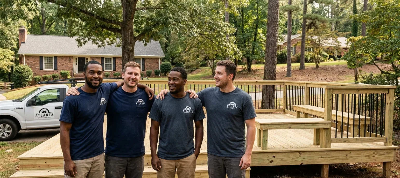 The Deck Builders Atlanta crew standing together in branded shirts in front of a finished deck