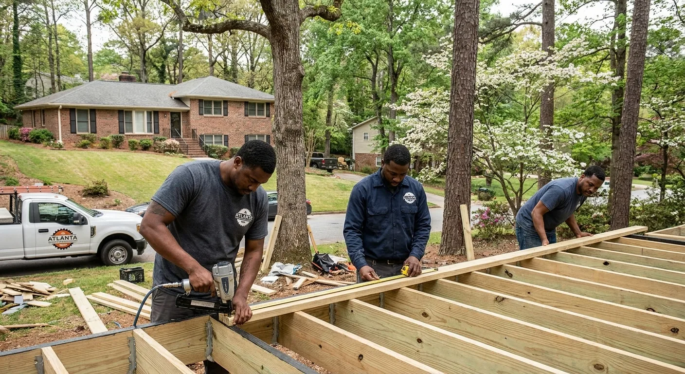 Deck Builders Atlanta crew framing a new wood deck in a suburban Atlanta backyard